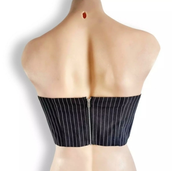 Black, pinstripe, zip-up corset crop top / boob tube / strapless top - Picture 6 of 7